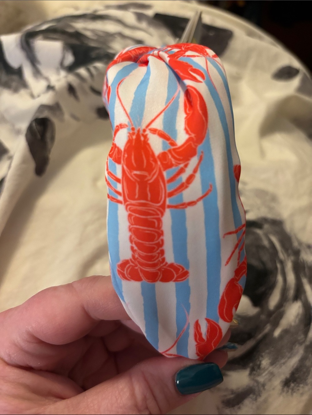 Piper K Knot Headband in Light Blue and Red - Nautical Crab Print - Picture 2 of 3